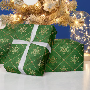 Elegant Green Snowflake Pattern with Gold Accents Wrapping Paper