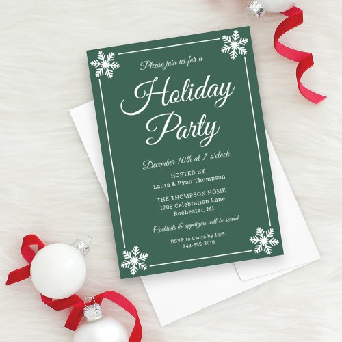 Elegant Green Snowflake Script Holiday Party Invitation