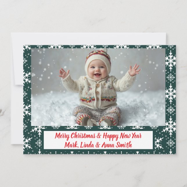 Elegant Green Snowflakes Christmas Photo  Holiday Card (Front)