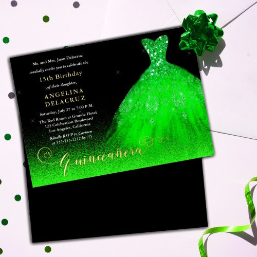 Elegant Green Spanish Gown Quinceaera _ Gold  Foil Invitation