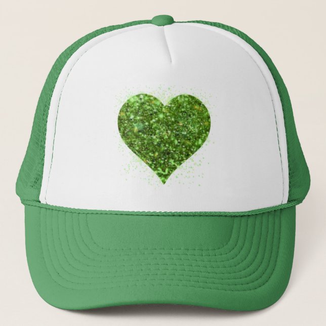 Elegant green sparkle glitter heart trucker hat (Front)