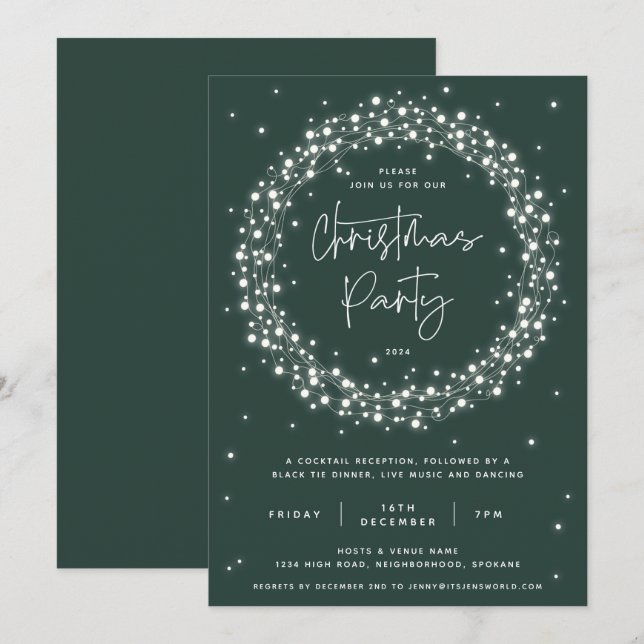 Elegant Green Sparkling Lights Christmas Party Invitation (Front/Back)