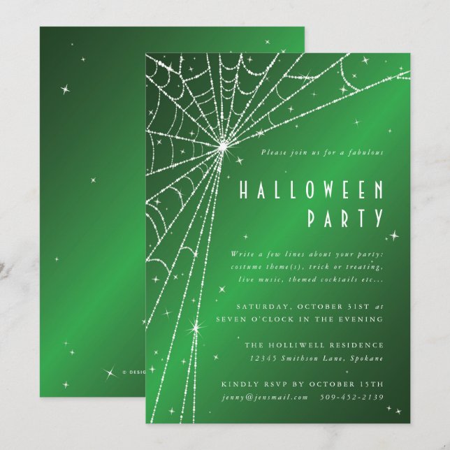 Elegant Green Sparkling Spider Web Halloween Party Invitation (Front/Back)