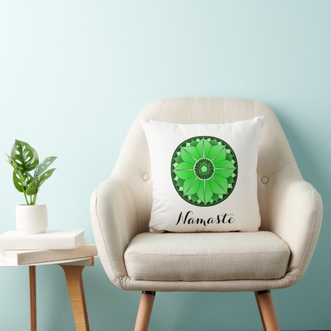 Elegant Green Spiritual Mandala Namaste Throw Pillow (Chair)