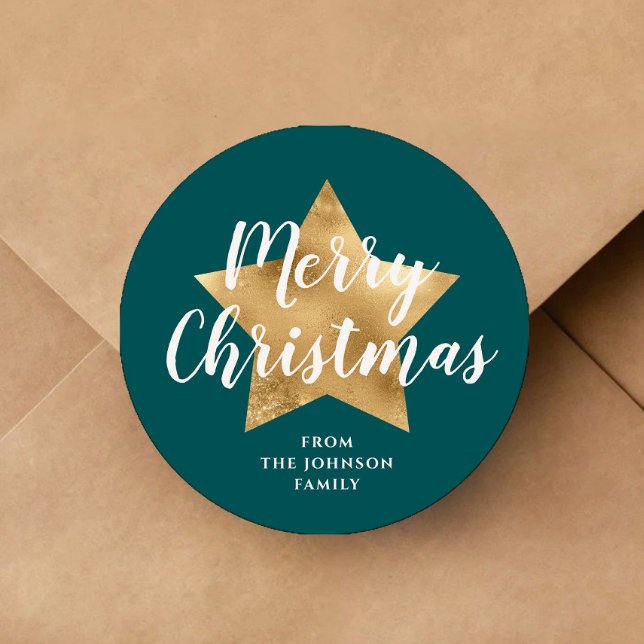 Elegant Green Star Merry Christmas Classic Round Sticker (Merry Christmas Gold Star Green Classic Round Sticker)