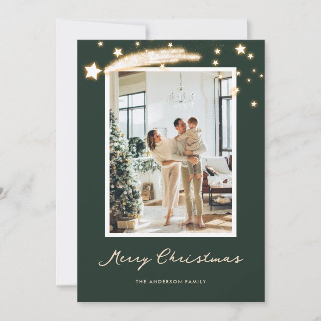 Elegant Green Starry Photo Christmas Cards (Front)