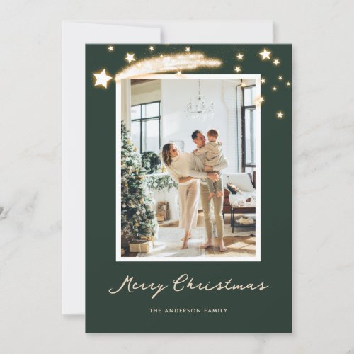 Elegant Green Starry Photo Christmas Cards