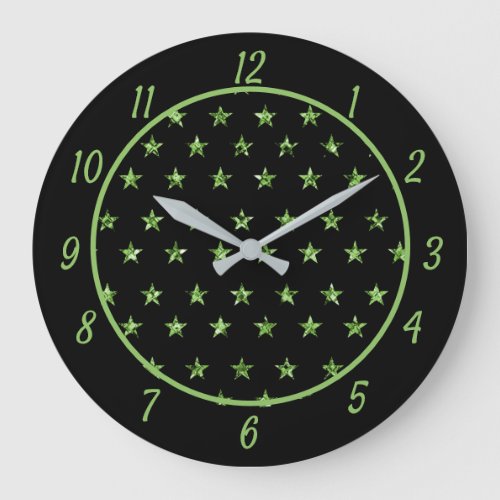 Elegant Green Stars Diamond Gems Glam Sparkle Large Clock