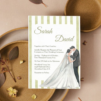 Elegant Green Stripe Wedding Invite with Couple
