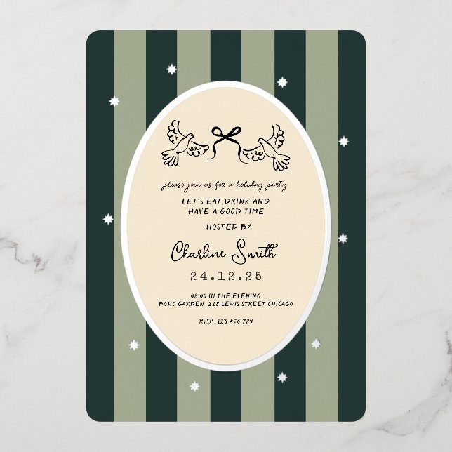 Elegant Green Striped Holiday Party Invitation Foil Invitation (Front)