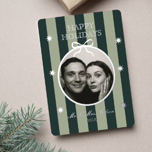 Elegant Green Striped Ornament Photo Holiday Card