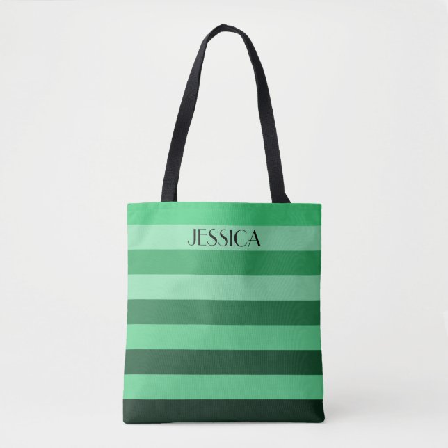 Elegant Green Striped Pattern Name Tote Bag (Front)