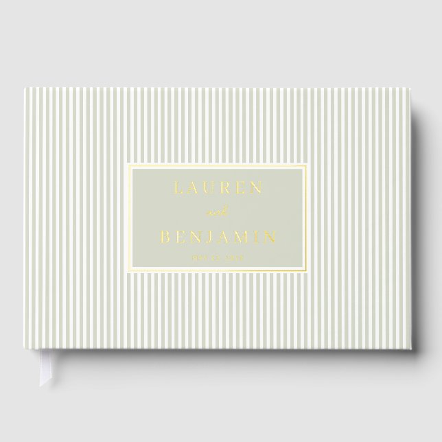Elegant Green Striped Rectangle Foil Guest Book (Front)