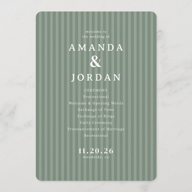 Elegant Green Striped Wedding Ceremony Program (Front)