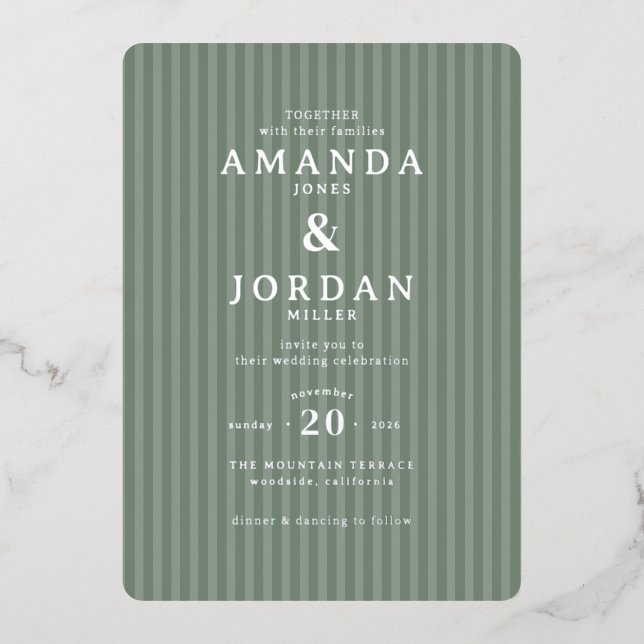 Elegant Green Striped Wedding Invitation Foil Invitation (Front)