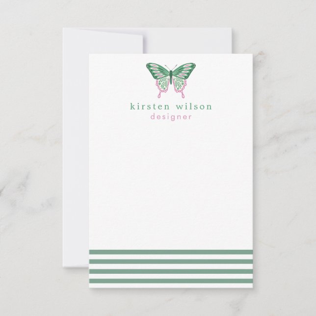 Elegant Green Stripes & Butterfly - Personalized Note Card (Front)