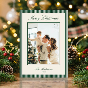 Elegant Green Stripes Christmas Photo Holiday Card