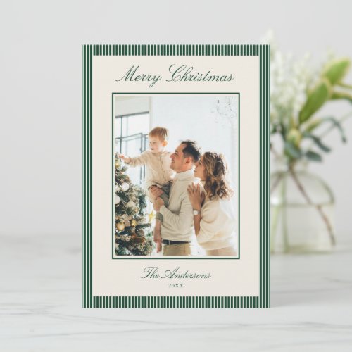 Elegant Green Stripes Christmas Photo Holiday Card