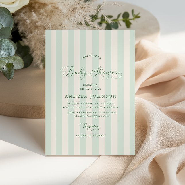 Elegant Green Stripes Gender Neutral Baby Shower Invitation (Creator Uploaded)