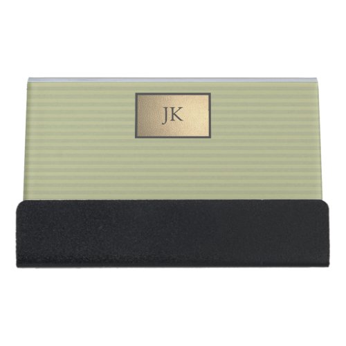 Elegant Green Stripes Monogram    Desk Business Card Holder