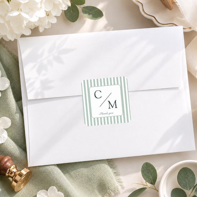 Elegant Green Stripes Monogram Wedding  Square Sticker (Elegant Green Stripes Monogram Wedding Square Sticker)