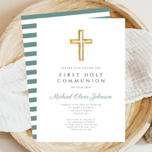 Elegant Green Stripes Religious First Communion Invitation