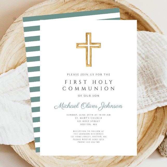 Elegant Green Stripes Religious First Communion Invitation (Green Stripes Cross Religious First Communion Invitation)
