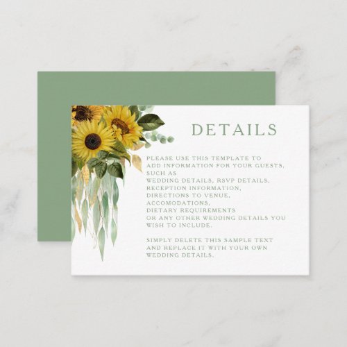 Elegant Green Sunflower Wedding Details  Enclosure Card