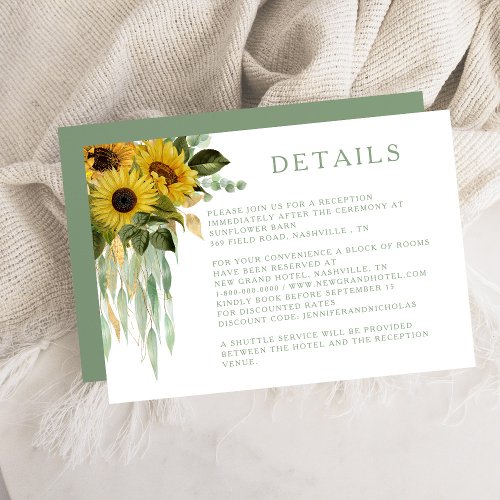 Elegant Green Sunflower Wedding Details Enclosure Card