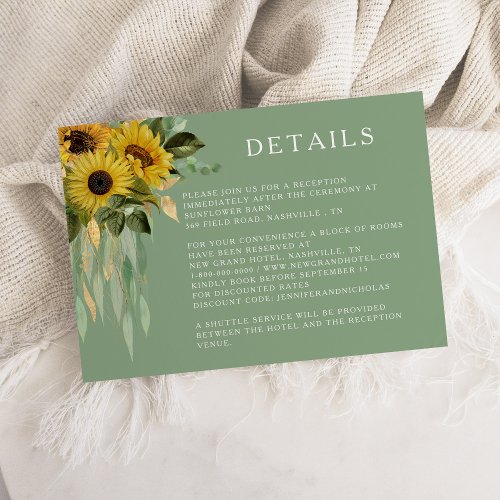 Elegant Green Sunflower Wedding Details Enclosure Card