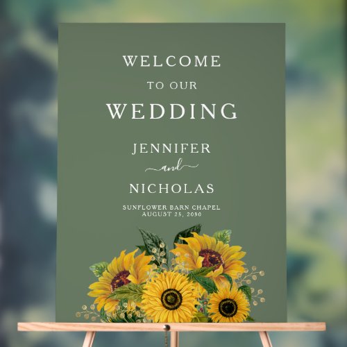 Elegant Green Sunflowers Wedding Welcome Acrylic Sign
