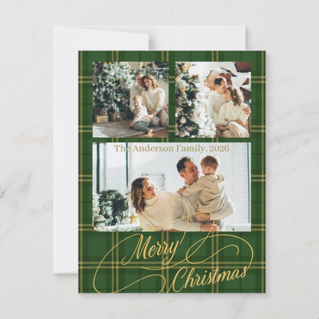 Elegant Green Tartan Family Photo Christmas Card (Front)