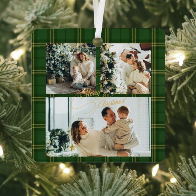 Elegant Green Tartan Family Photo Christmas Card Metal Ornament (Insitu)