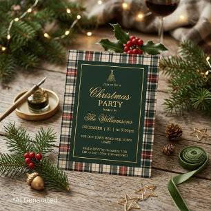Elegant Green Tartan Gold Script Christmas Party Foil Invitation