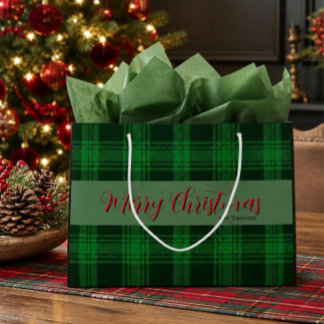 Elegant Green Tartan Plaid Personalized Christmas Large Gift Bag
