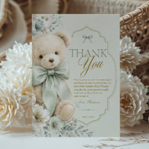Elegant Green Teddy Bear Floral Thank You Card