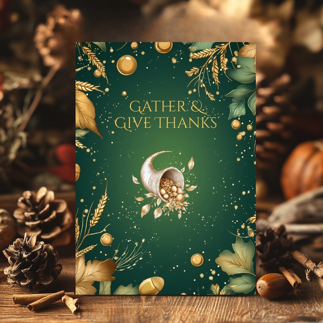Elegant Green Thanksgiving with Gold Cornucopia  Invitation (Creator Uploaded)