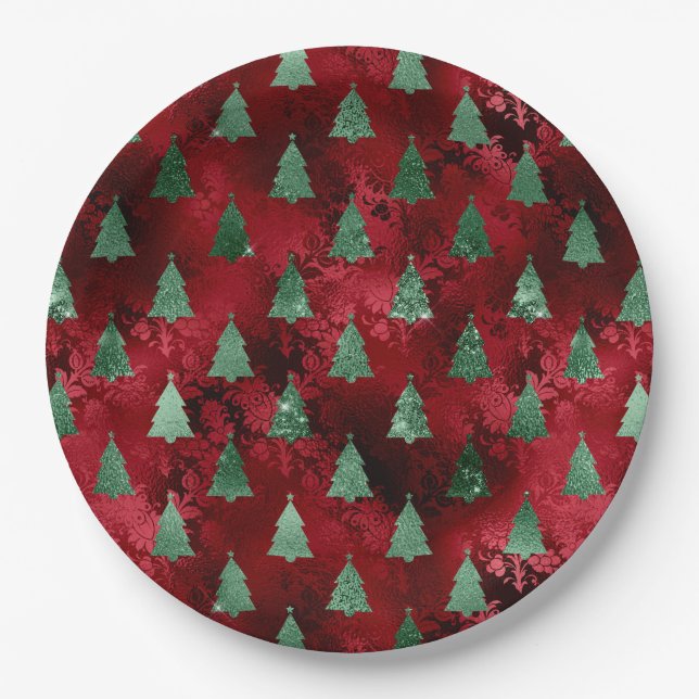 Elegant Green Trees Christmas Paper Plates (Front)