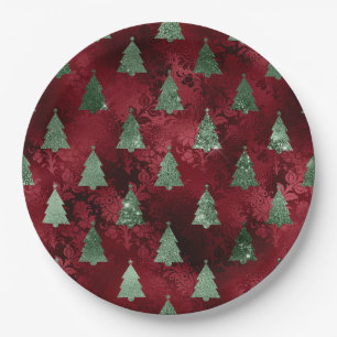 Elegant Green Trees Red Faux Foil Christmas Paper Plates