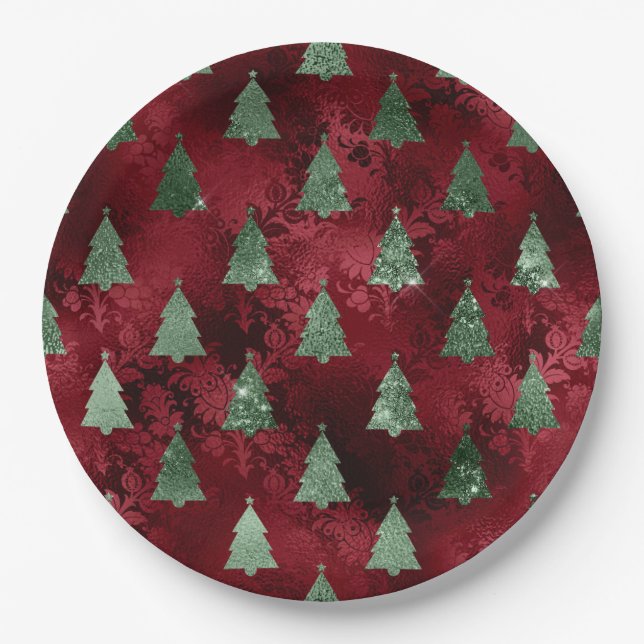 Elegant Green Trees Red Faux Foil Christmas  Paper Plates (Front)