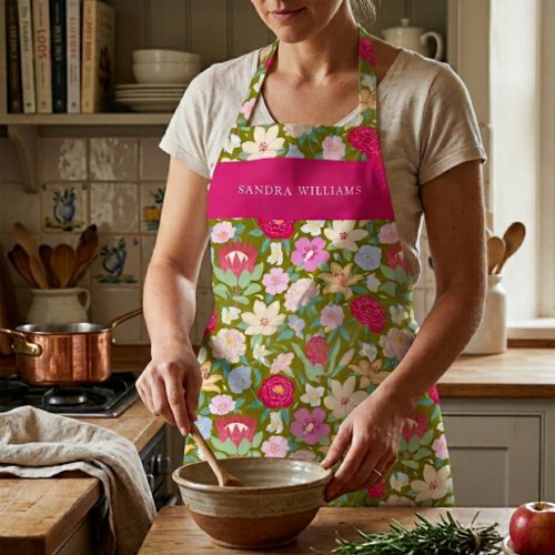 Elegant Green Trendy Floral Grace Typography  Apron