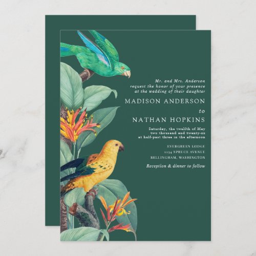 Elegant Green Tropical Bird Wedding Invitation