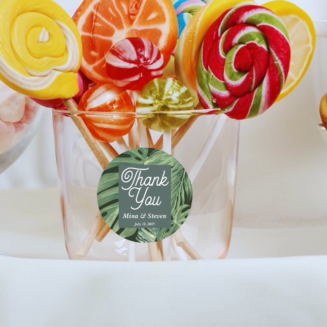 Elegant green tropical botanical thank you wedding classic round sticker (Creator Uploaded)