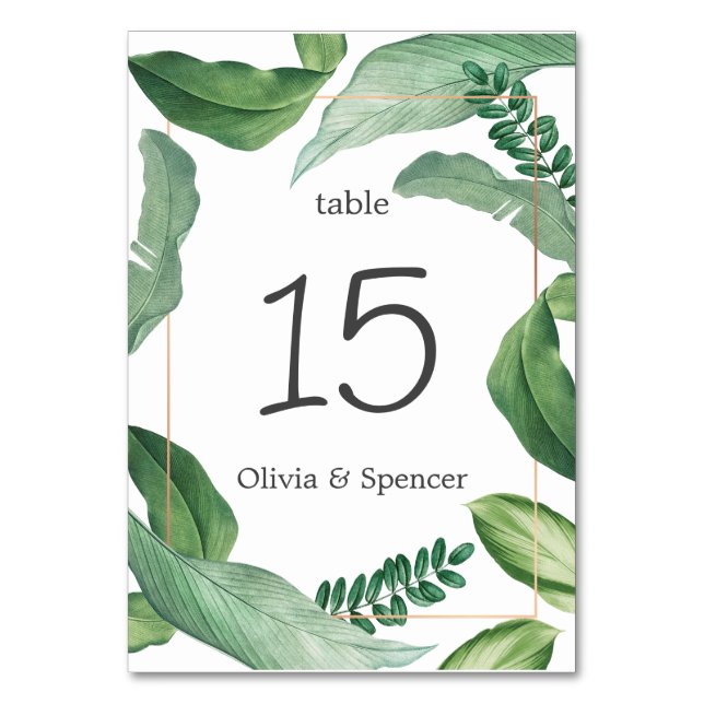 Elegant Green Tropical Greenery. Nature Wedding Table Number (Front)