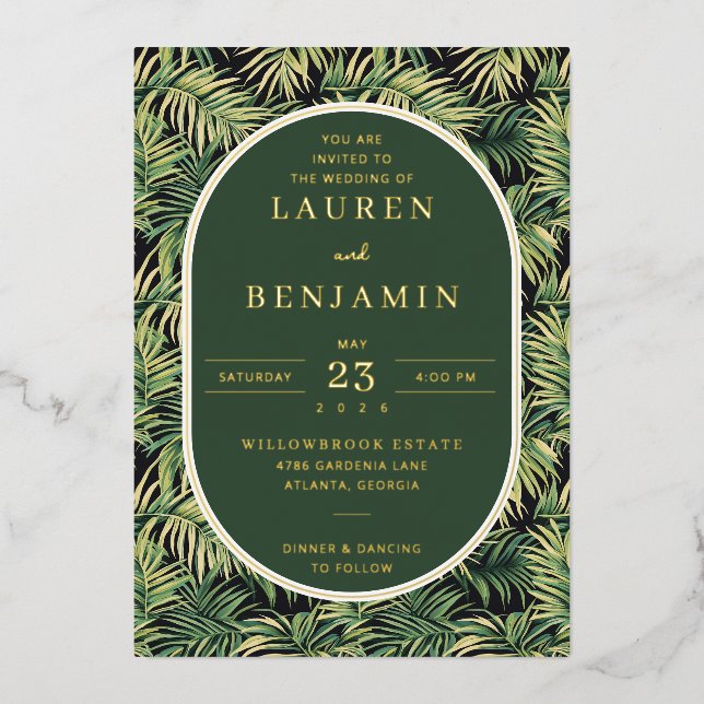 Elegant Green Tropical Leaves Foil Invitation (Front)