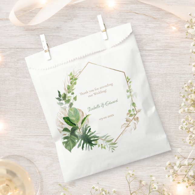 Elegant Green Tropical Leaves Gold Geometric Frame Favor Bag (Clipped)