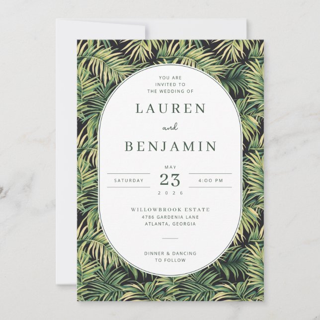 Elegant Green Tropical Leaves Invitation (Front)