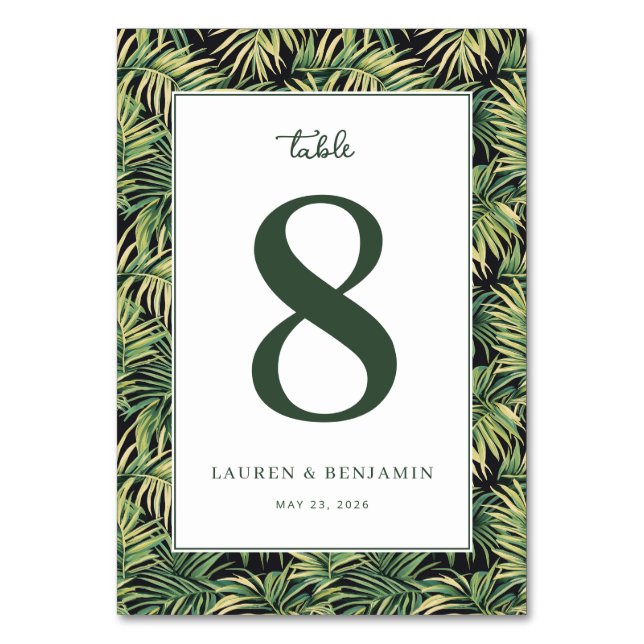 Elegant Green Tropical Leaves Table Number (Front)