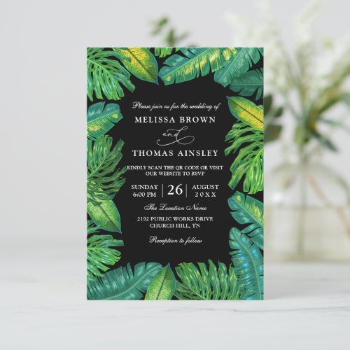 Elegant Green Tropical Palm Leaves QR Code Wedding Invitation