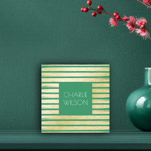 Elegant green turquoise gold foil paint striped square business card